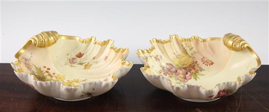 A pair of Royal Worcester blush ivory shell shaped dishes, c.1894/5, 23.5cm, one re-stuck